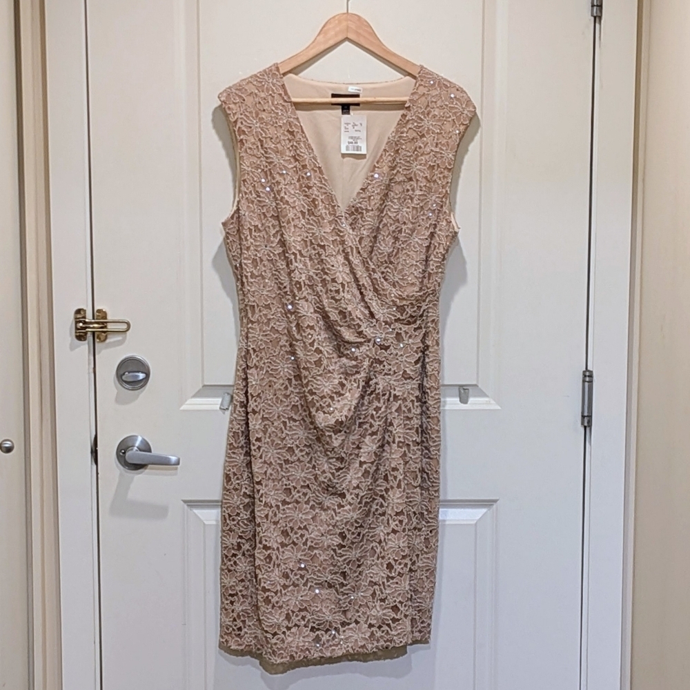 NWT Connected Apparel 16 Gold Floral Faux Wrap Dress with Sequins